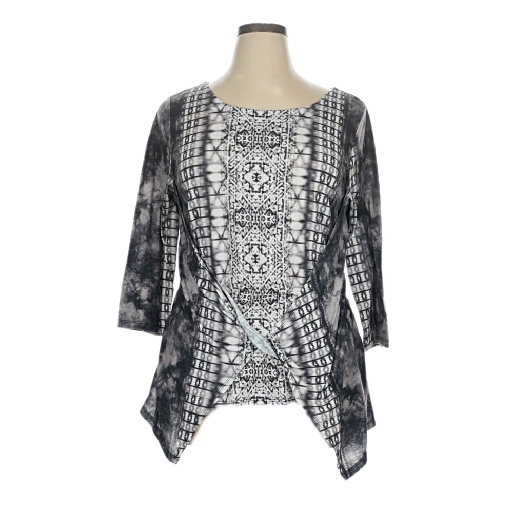 Black & White Tie-Dye One World  3/4 Sleeve Women's Tunic Top NWT